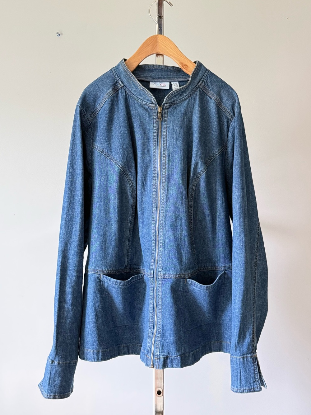 D&Co Denim & Company Full Zip Blue Collarless Jacket Size 1X Stretch